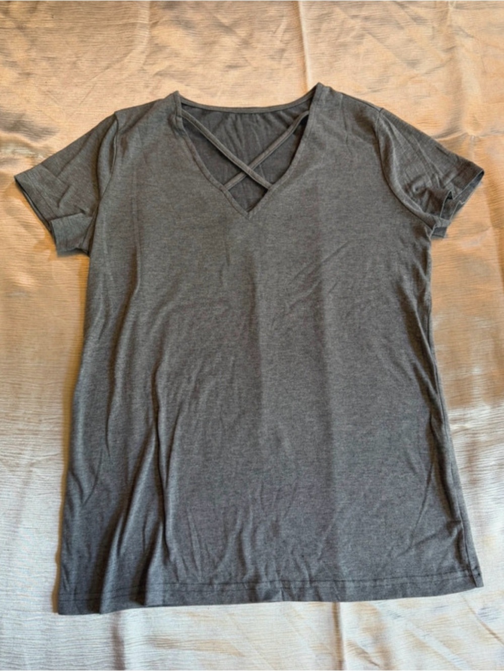 Charcoal Gray V-Neck Short Sleeve Tee with Crisscross Detail